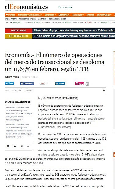 El nmero de operaciones del mercado transaccional se desploma un 11,63% en febrero, segn TTR